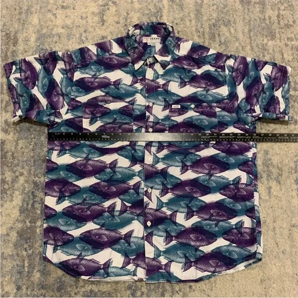 Vintage Guess Mens All Over Fish Print Cotton Short Sleeve Button Shirt XL USA - Picture 3 of 7
